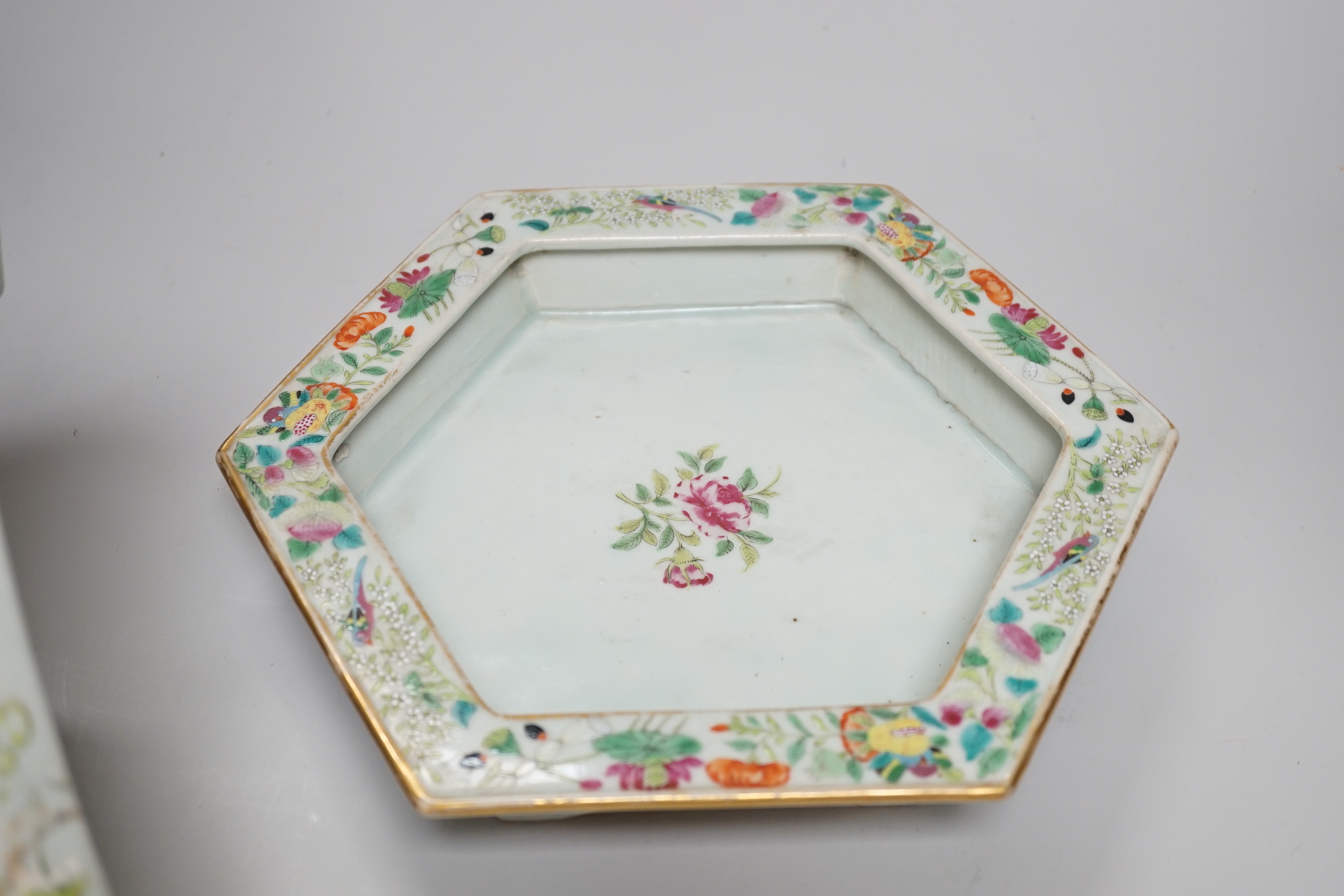 A 19th century Chinese Canton decorated famille rose hexagonal planter a/f and stand, 18.5cm high